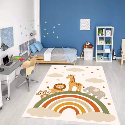 Safari Rainbow Animals Washable Nursery Rug