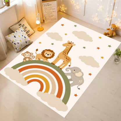 A rectangular children's play rug with a safari animal and rainbow design, shown laid out on a light wood floor in a styled nursery room.
