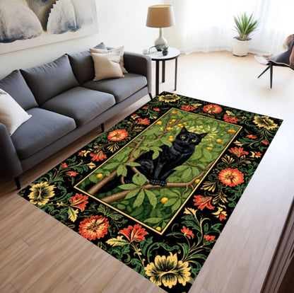 Gothic Black Cat Halloween Area Rug – Vintage Floral Dark Washable Non-Slip