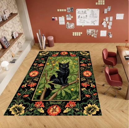 Gothic Black Cat Halloween Area Rug – Vintage Floral Dark Washable Non-Slip