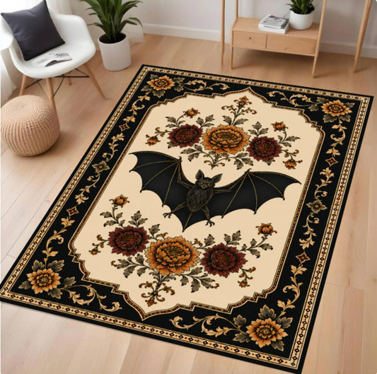 A rectangular area rug with a gothic design featuring a black bat in the center, surrounded by cream-colored floral motifs and a black border with gold accents, shown on a light wood floor in a modern living room setting.