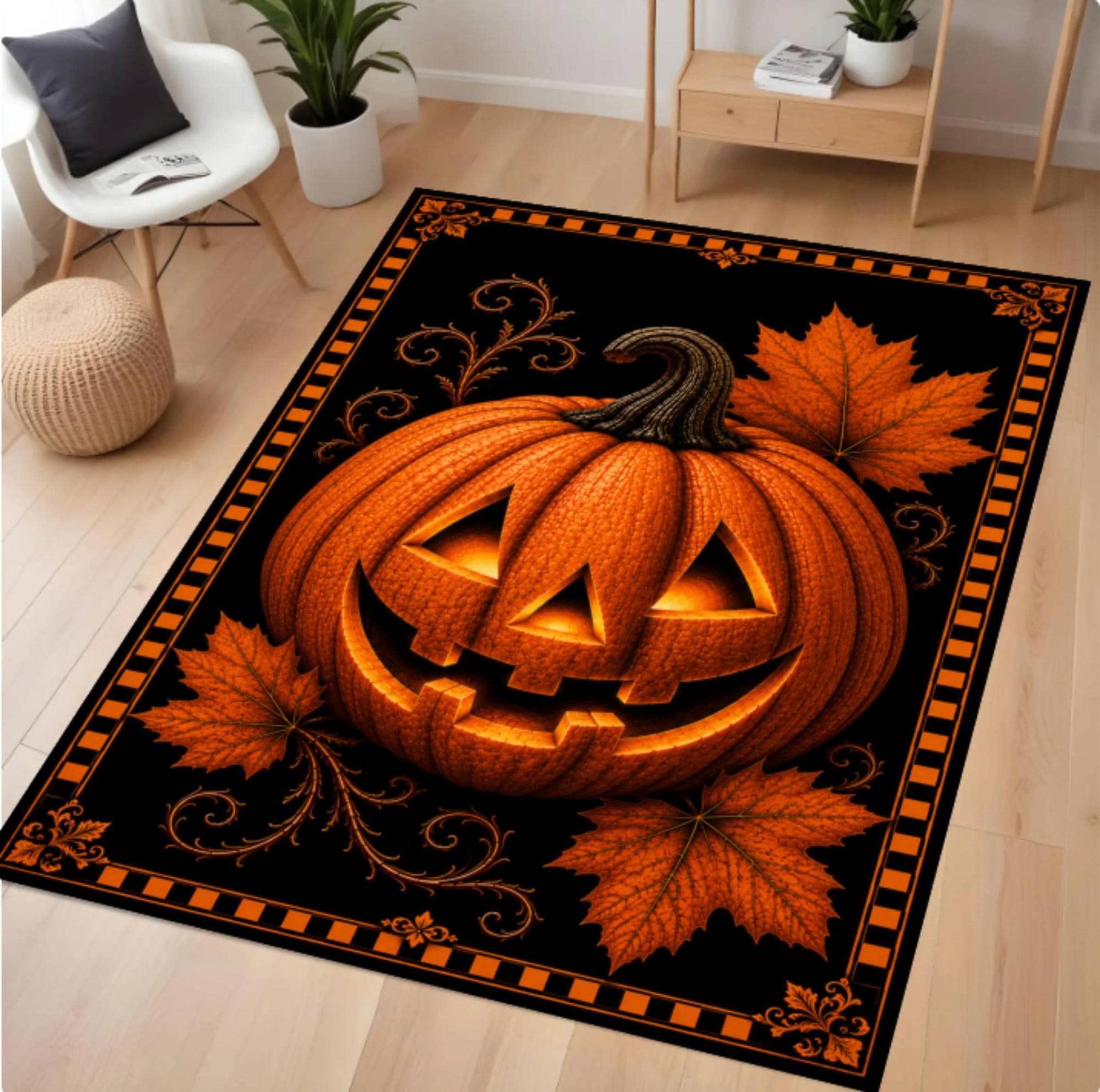 A rectangular area rug featuring a large glowing orange jack-o'-lantern with autumn leaves and a black border, shown in a modern living room setting on a light wood floor.