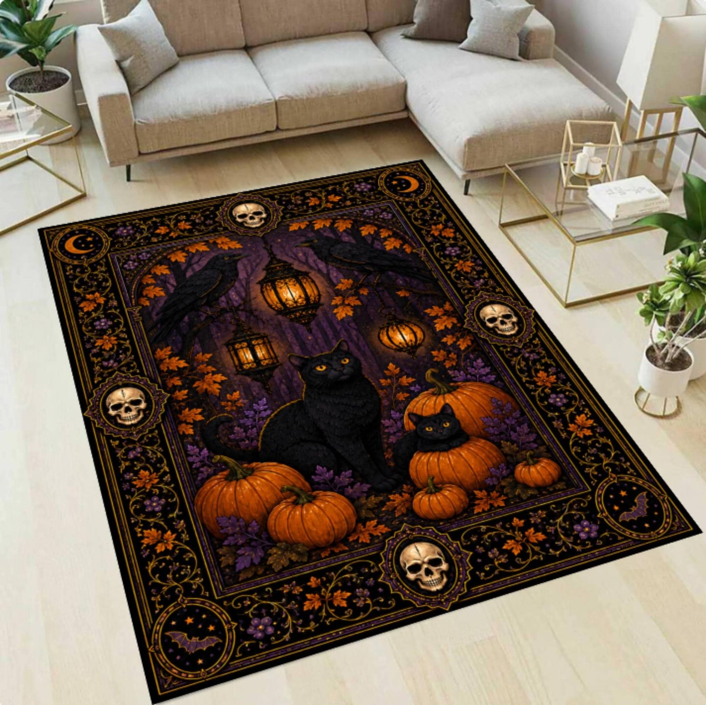 Halloween Rug with Black Cat and Pompoenen Gothic Spooky Home