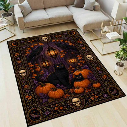 Halloween Rug with Black Cat and Pompoenen Gothic Spooky Home