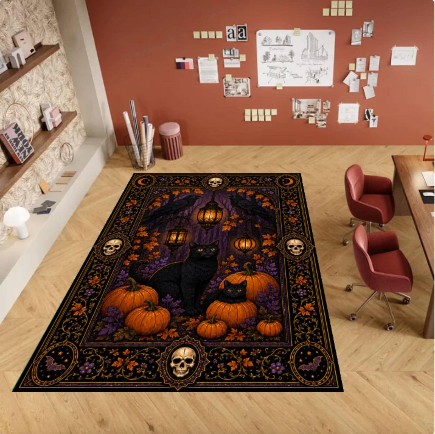 Halloween Rug with Black Cat and Pompoenen Gothic Spooky Home