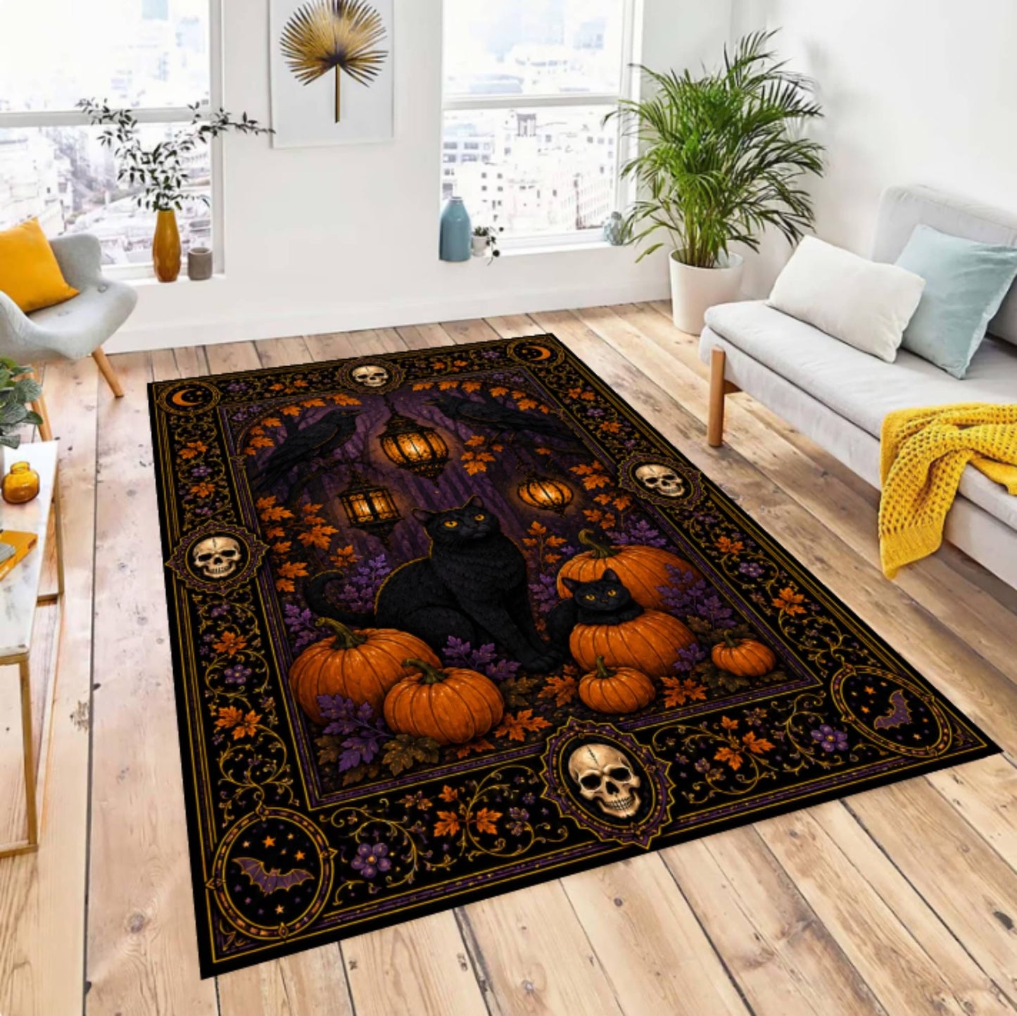 Halloween Rug with Black Cat and Pompoenen Gothic Spooky Home