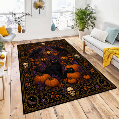 Halloween Rug with Black Cat and Pompoenen Gothic Spooky Home