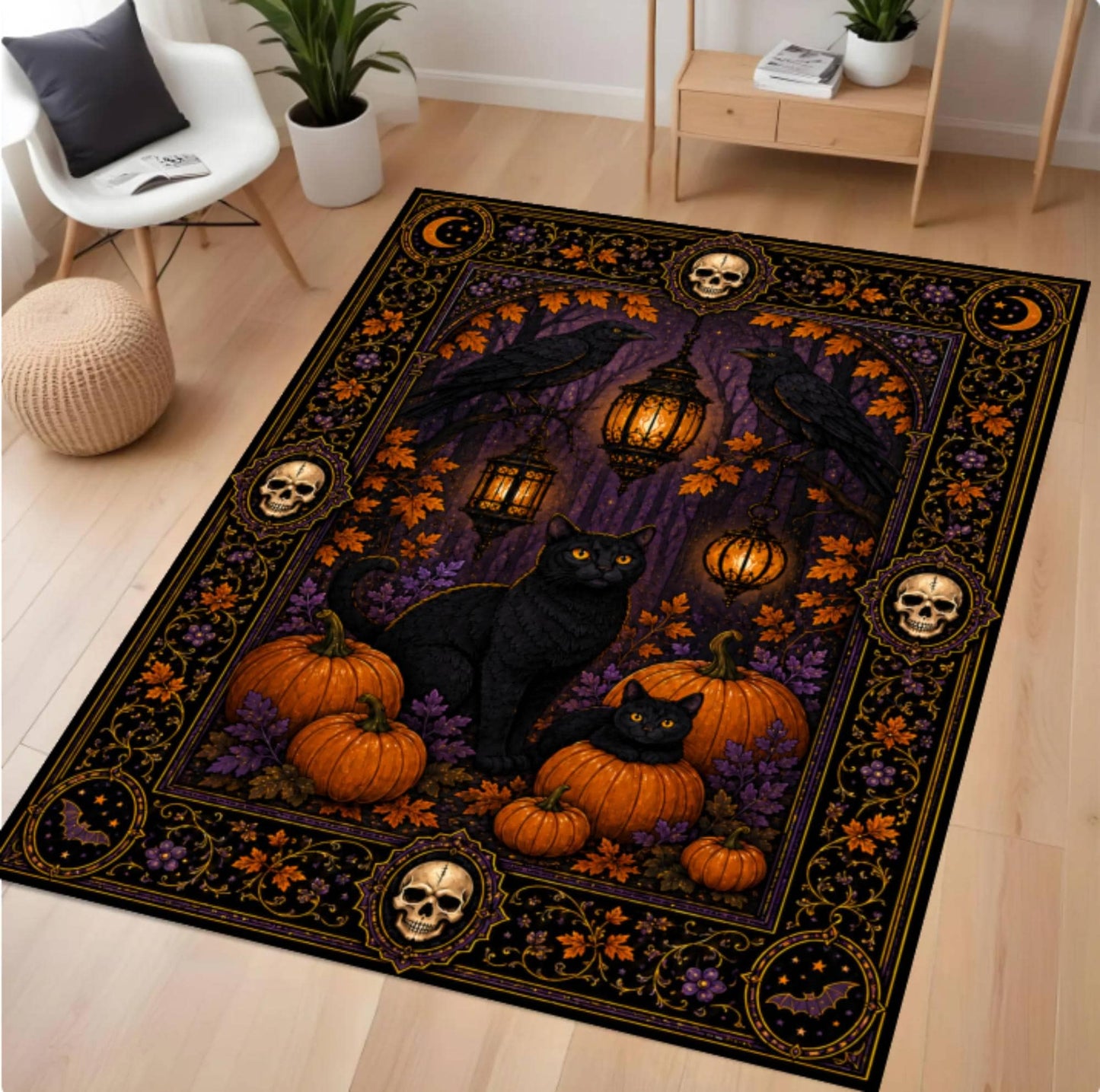 A rectangular area rug with a Halloween-themed design featuring black cats, pumpkins, skulls, crows, and lanterns in a dark forest scene, shown placed on a light wood floor in a styled room.