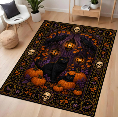 A rectangular area rug with a Halloween-themed design featuring black cats, pumpkins, skulls, crows, and lanterns in a dark forest scene, shown placed on a light wood floor in a styled room.