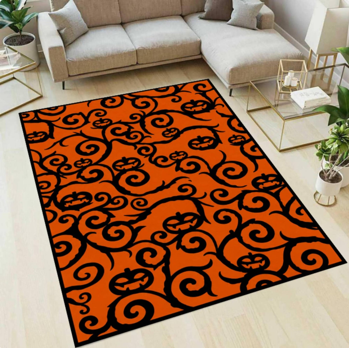 Rug with Halloween Pumpkin Pattern Washable and Non-slip Spooky Jack-o'-lantern