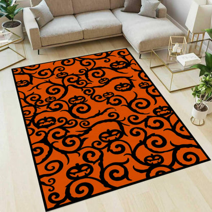 Rug with Halloween Pumpkin Pattern Washable and Non-slip Spooky Jack-o'-lantern
