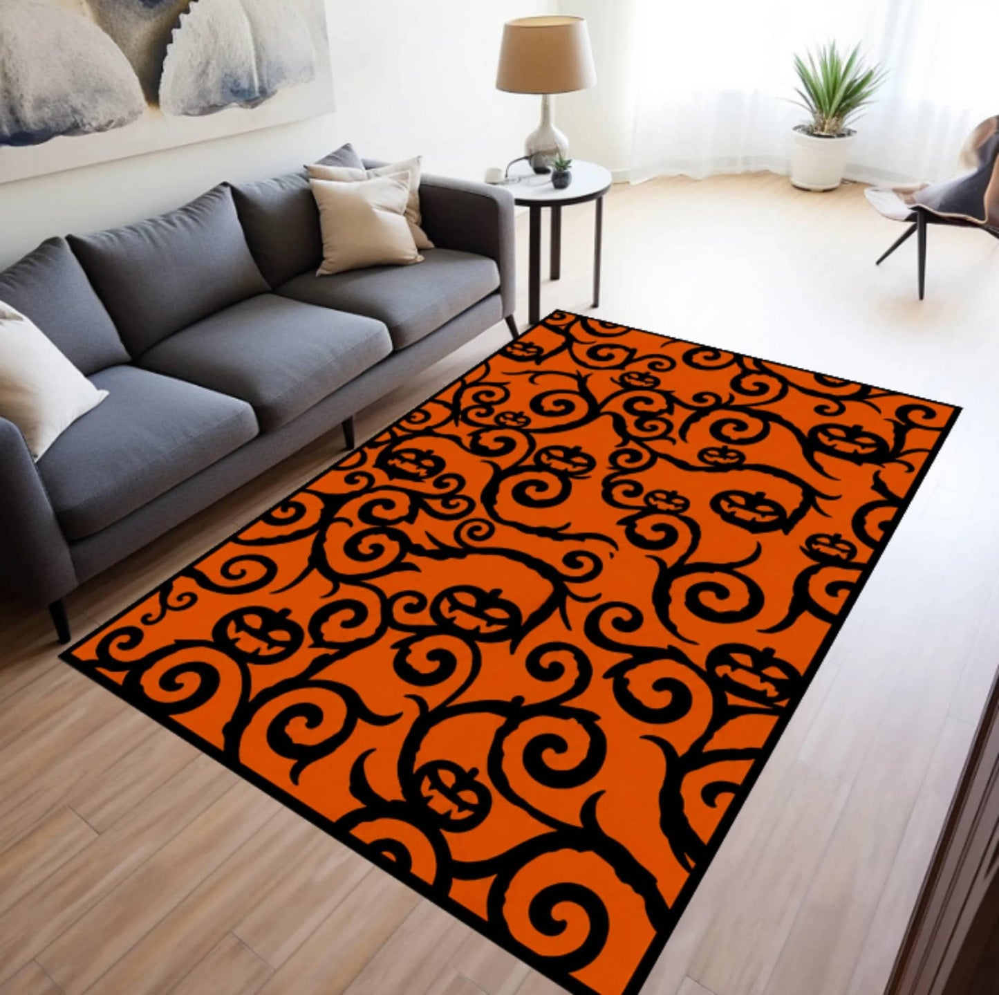 Rug with Halloween Pumpkin Pattern Washable and Non-slip Spooky Jack-o'-lantern
