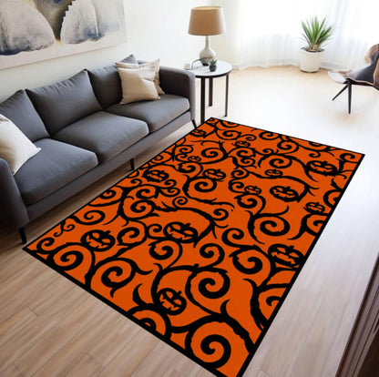 Rug with Halloween Pumpkin Pattern Washable and Non-slip Spooky Jack-o'-lantern