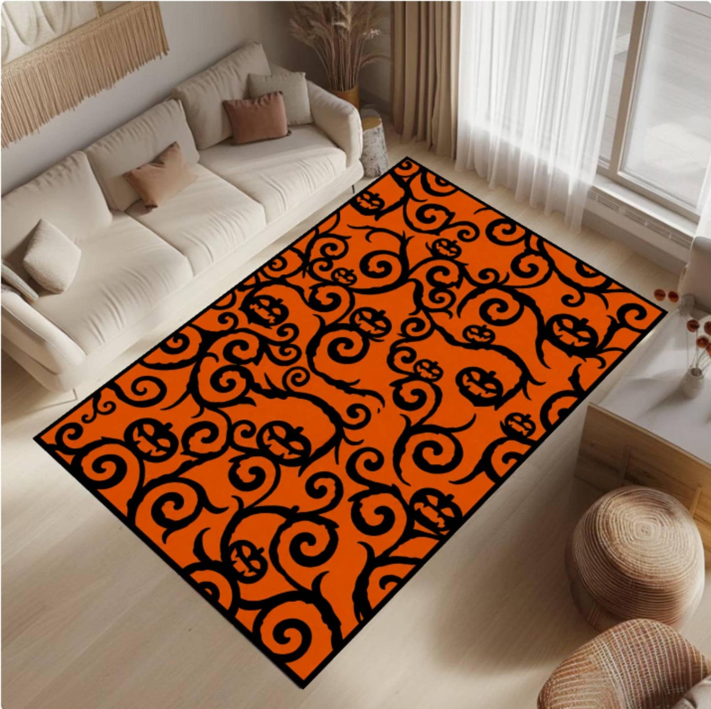 Rug with Halloween Pumpkin Pattern Washable and Non-slip Spooky Jack-o'-lantern