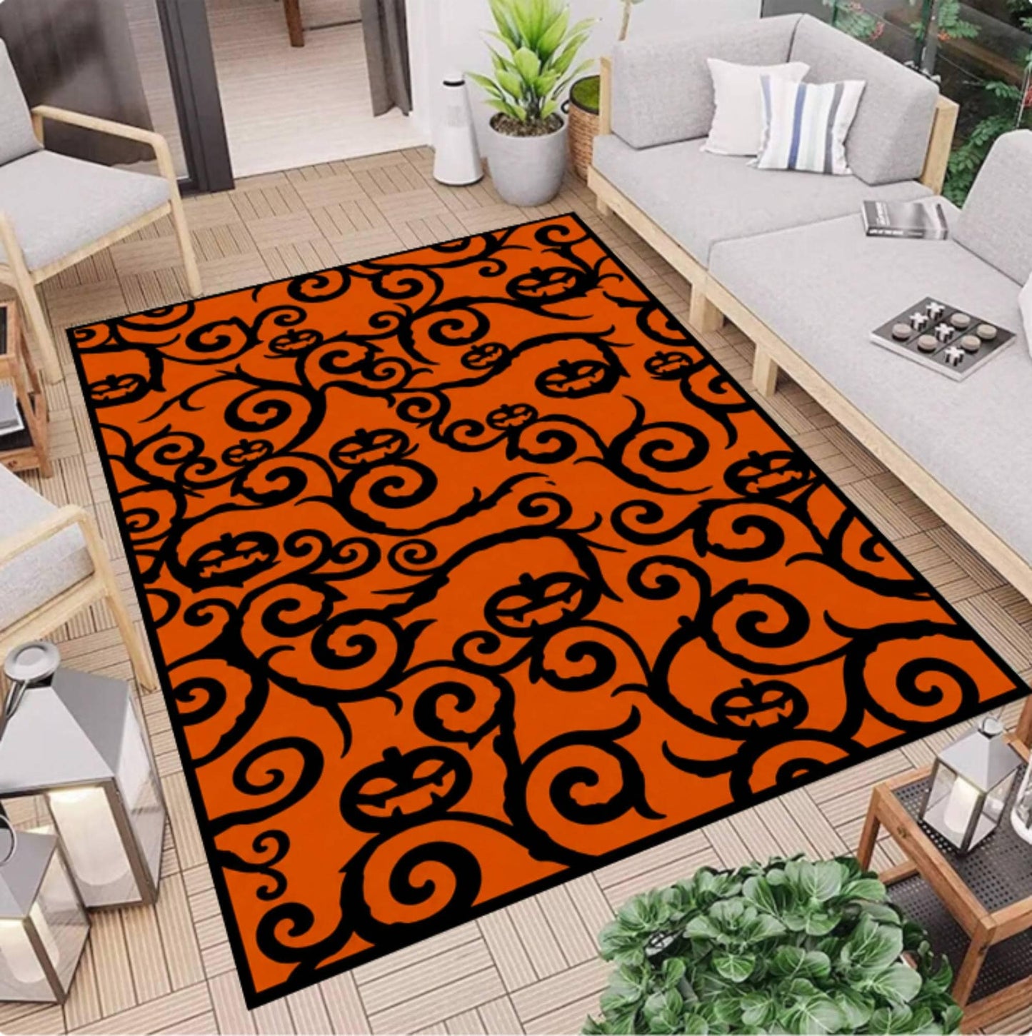Rug with Halloween Pumpkin Pattern Washable and Non-slip Spooky Jack-o'-lantern