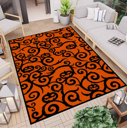 Rug with Halloween Pumpkin Pattern Washable and Non-slip Spooky Jack-o'-lantern