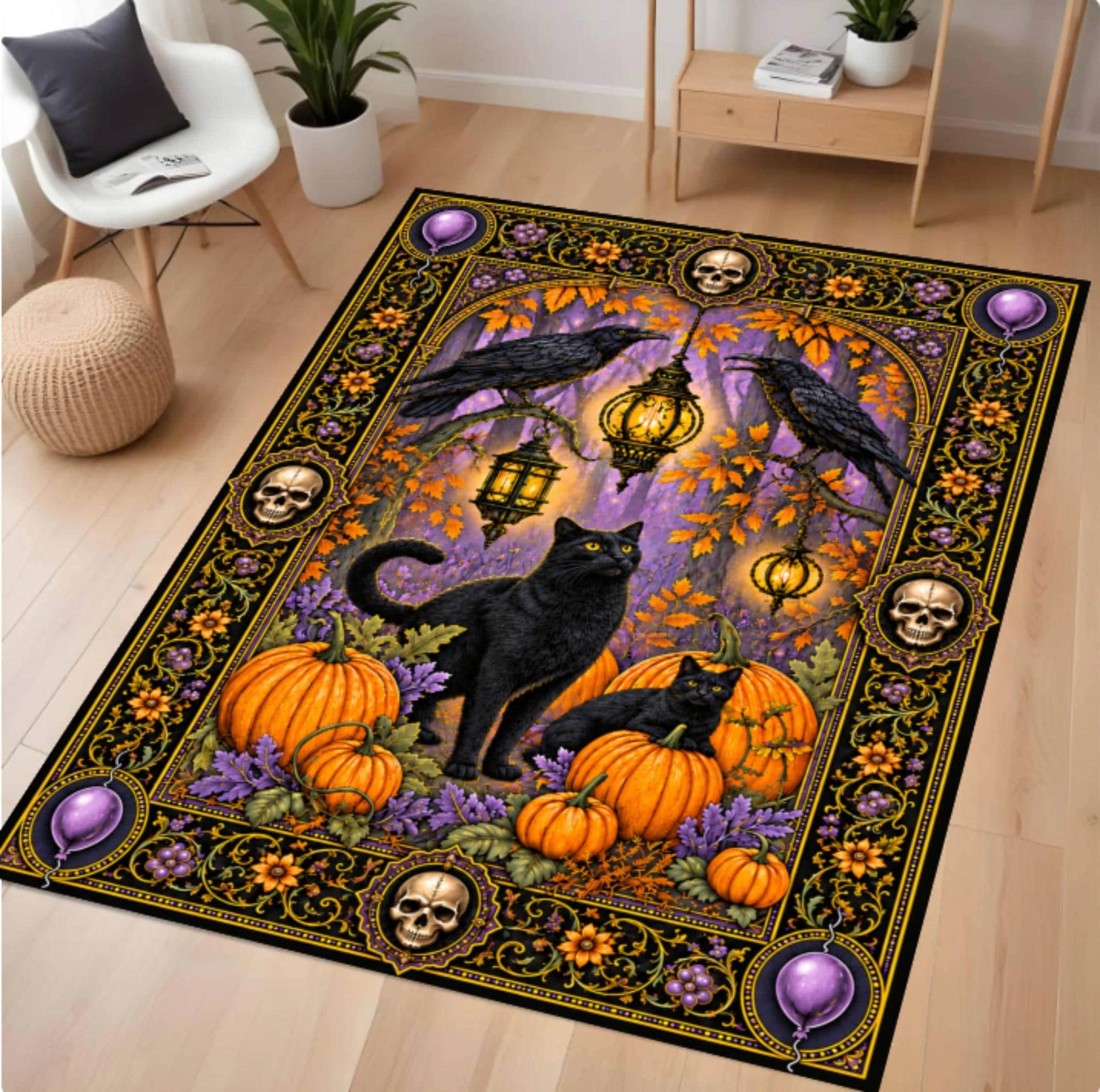 A rectangular area rug with a detailed Halloween design, displayed on a light wood floor in a modern living room setting. The rug features a black cat and kitten surrounded by pumpkins, skulls, crows, and lanterns on a purple and orange background.