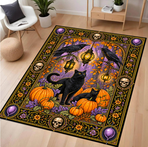A rectangular area rug with a detailed Halloween design, displayed on a light wood floor in a modern living room setting. The rug features a black cat and kitten surrounded by pumpkins, skulls, crows, and lanterns on a purple and orange background.