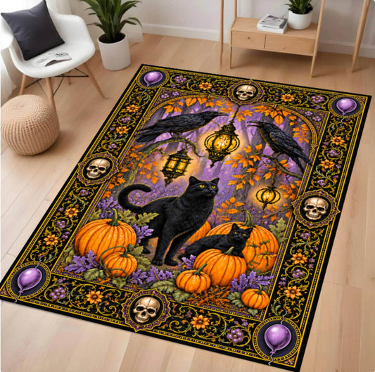 A rectangular area rug with a detailed Halloween design, displayed on a light wood floor in a modern living room setting. The rug features a black cat and kitten surrounded by pumpkins, skulls, crows, and lanterns on a purple and orange background.
