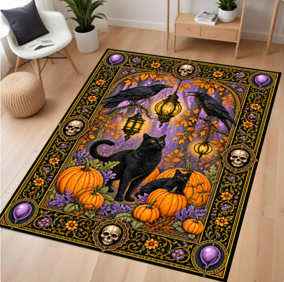 Halloween Black Cat Pumpkins Rug