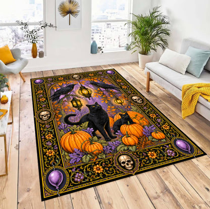 Halloween Rug with Black Cat and Pumpkins