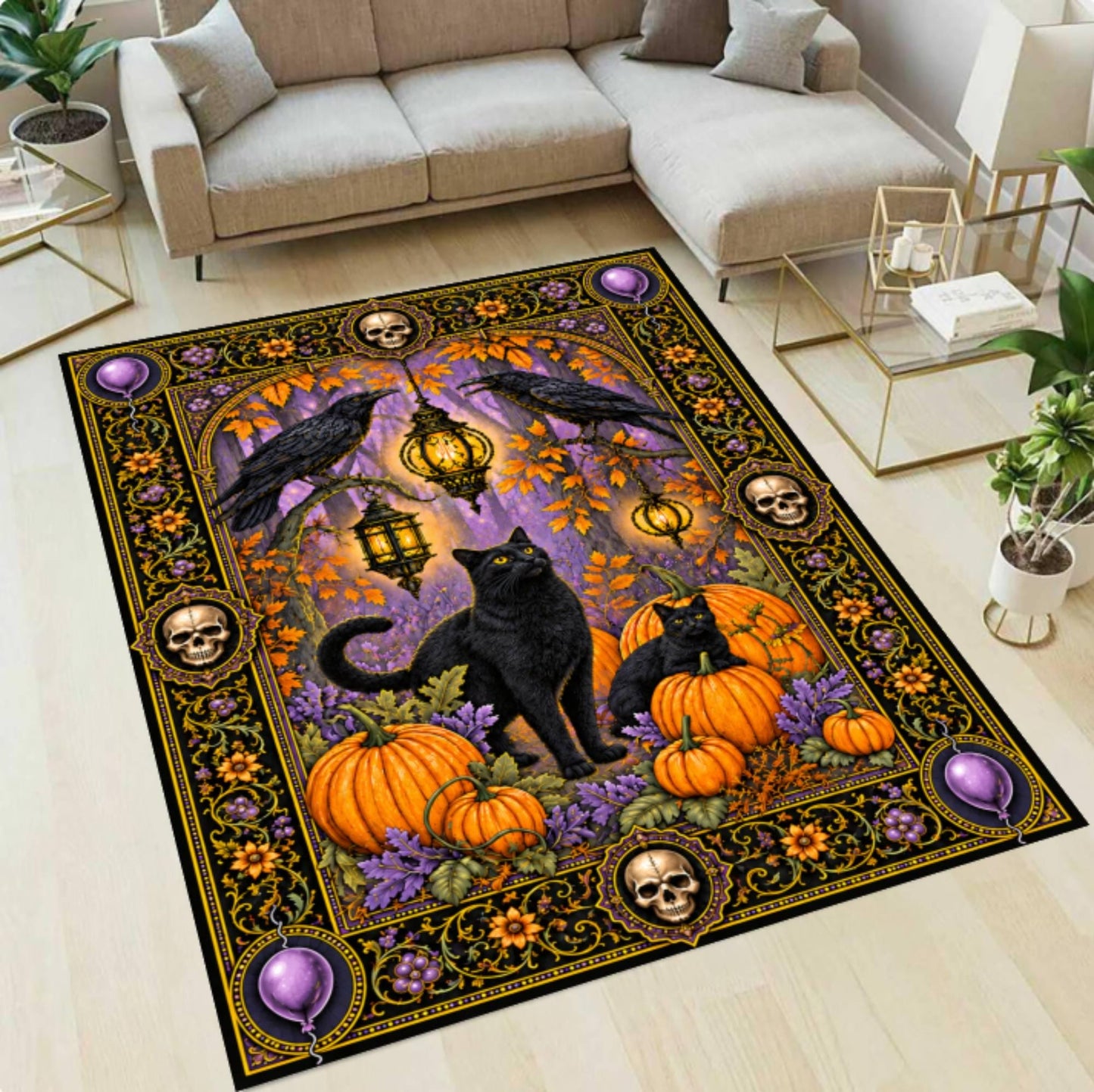 Halloween Rug with Black Cat and Pumpkins