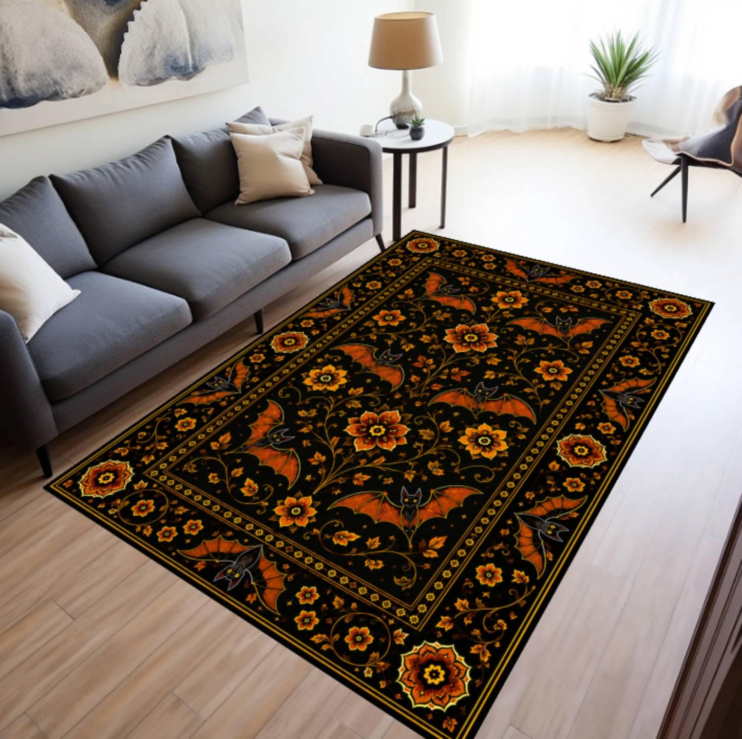 Gothic Rug with Bats and Floral Print