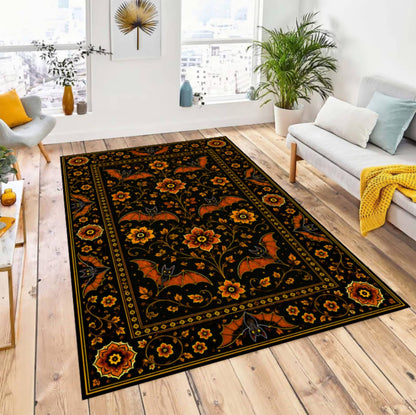 Gothic Rug with Bats and Floral Print