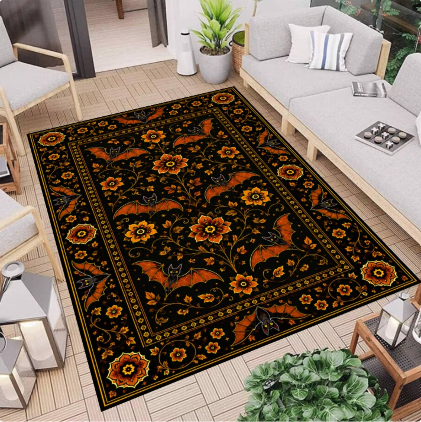Gothic Rug with Bats and Floral Print