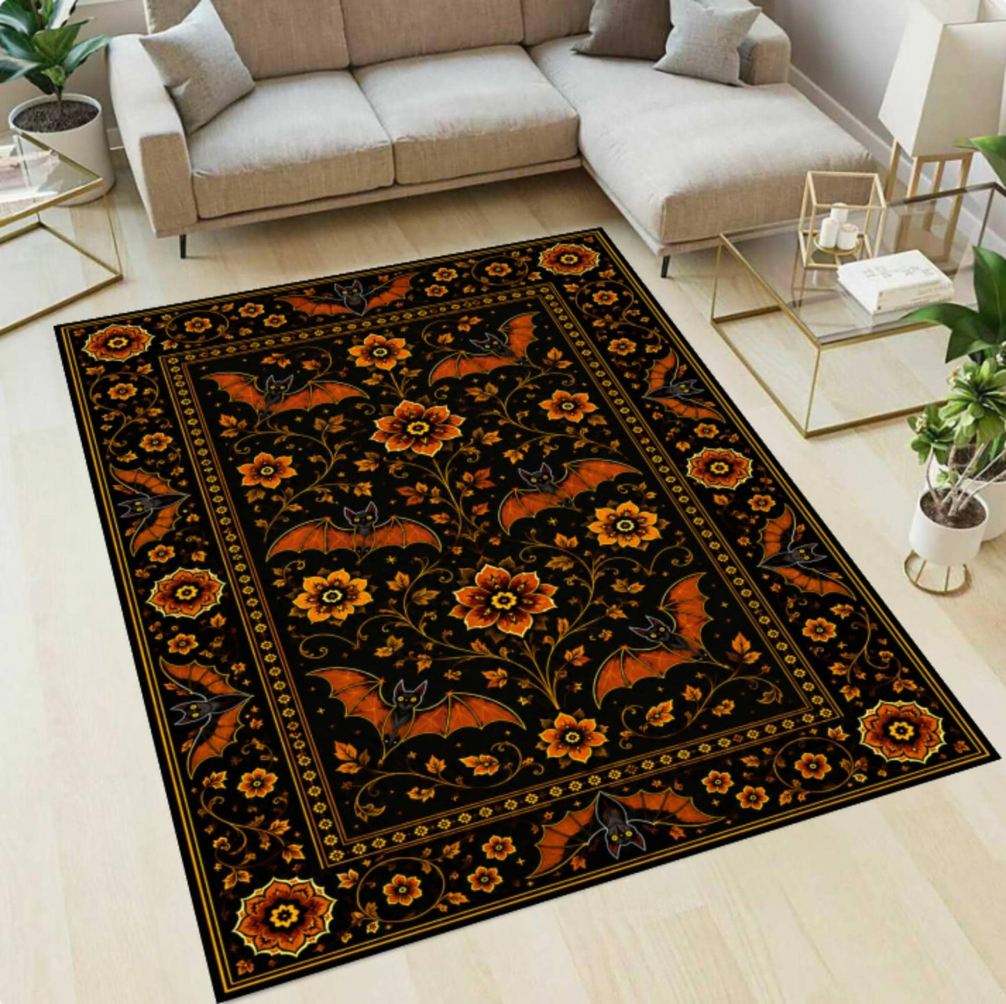 Gothic Rug with Bats and Floral Print