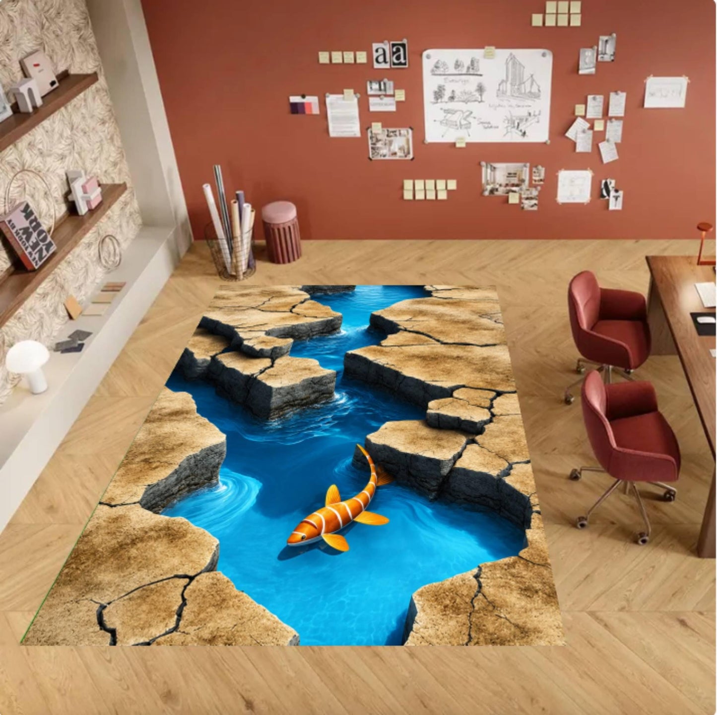 3D Ocean River Rocky Stream Fish Illusion Carpet