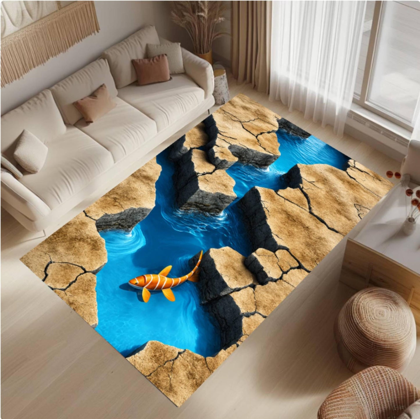 3D Ocean River Rocky Stream Fish Illusion Carpet