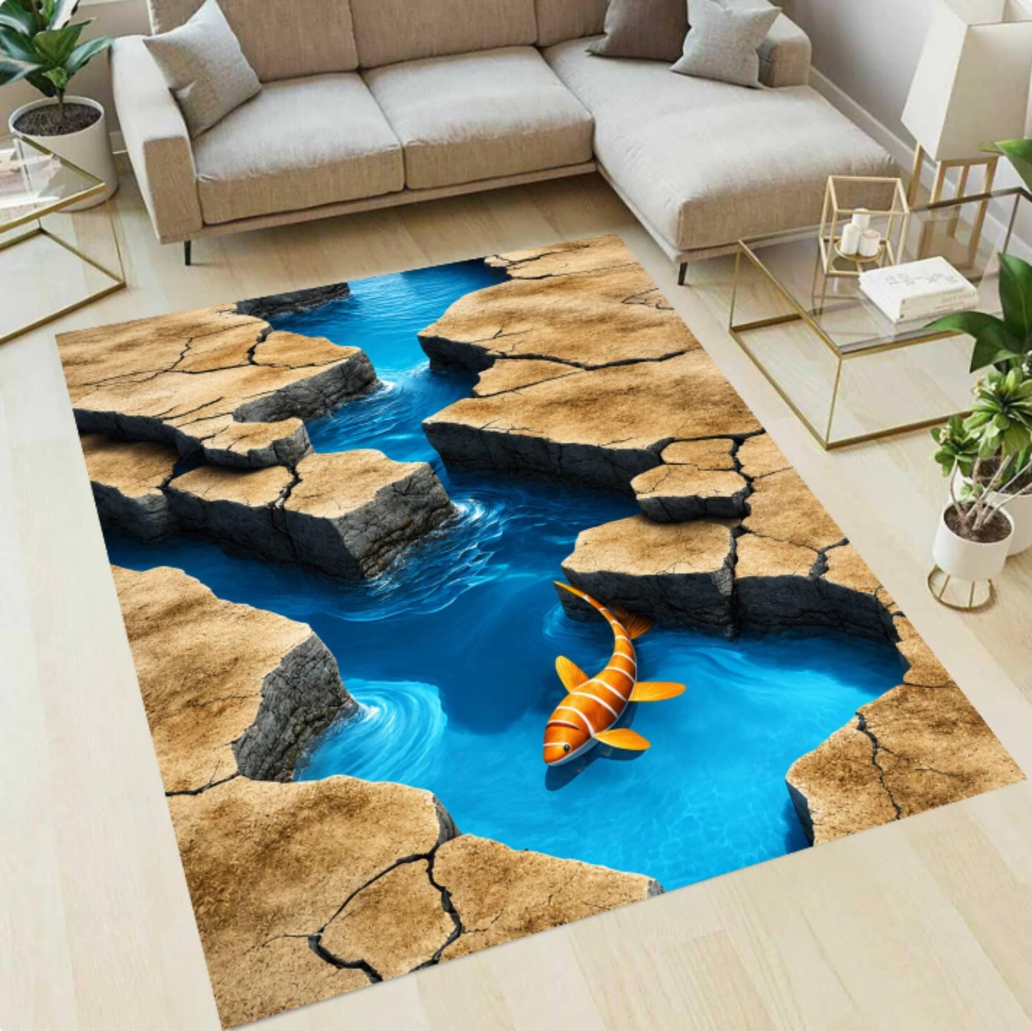 3D Ocean River Rocky Stream Fish Illusion Carpet