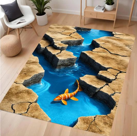 A rectangular area rug with a 3D-effect printed design of a blue river flowing between rocky banks, with an orange and white striped fish swimming in the water, shown on a light wood floor in a modern living room setting.