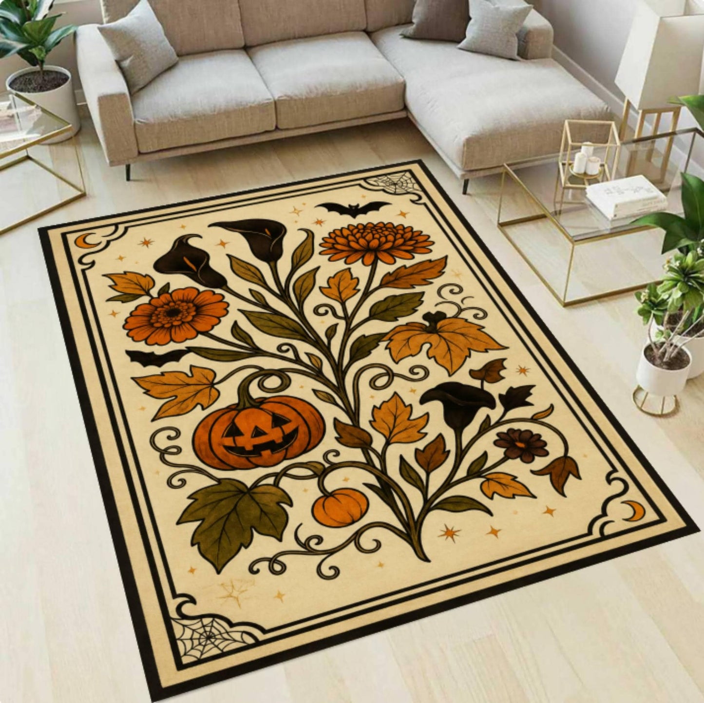 Halloween Pumpkin Rug Washable Non-slip Rug Gothic Floral Pattern Autumn