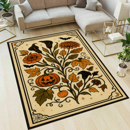 Halloween Pumpkin Rug Washable Non-slip Rug Gothic Floral Pattern Autumn