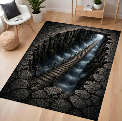A rectangular area rug with a dramatic 3D-effect print of a wooden bridge spanning a deep chasm, shown on a light wood floor in a modern living room setting.