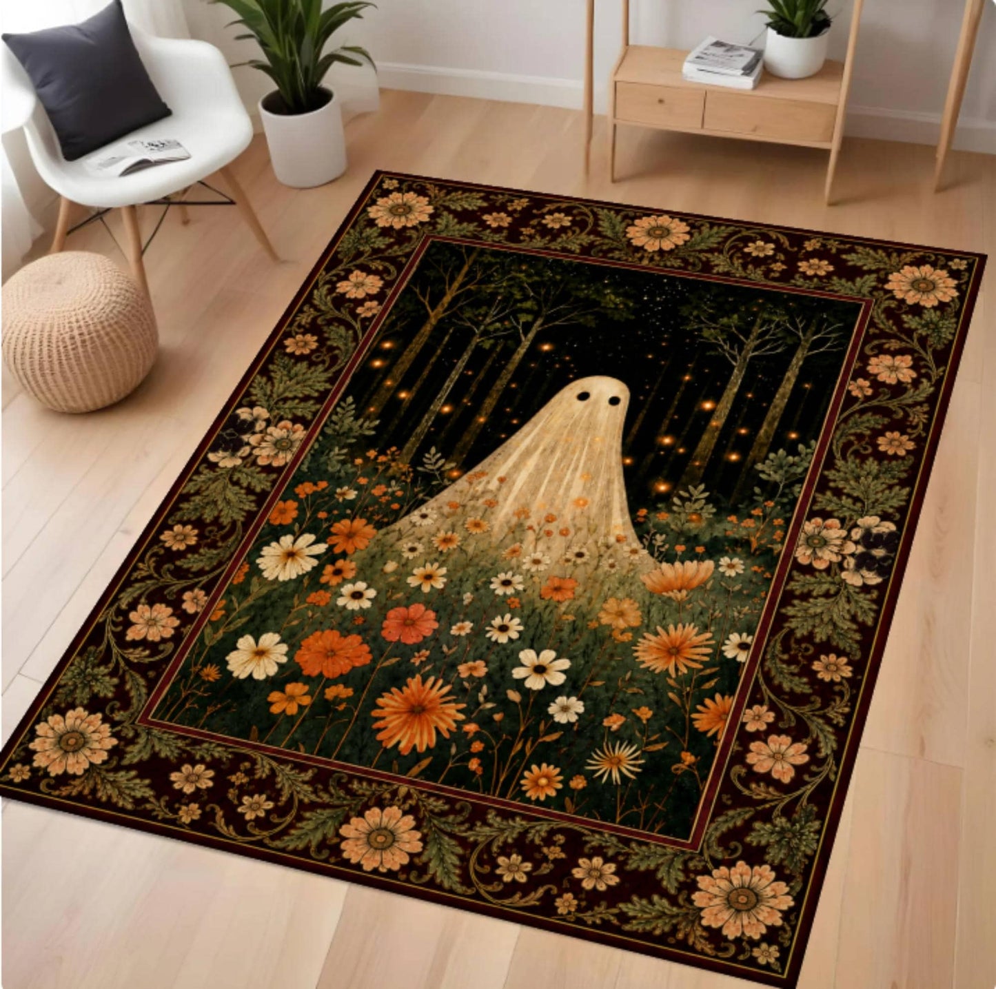 A rectangular area rug with a whimsical forest and flower design is shown on a light wood floor in a styled room with a chair, side table, and plants.