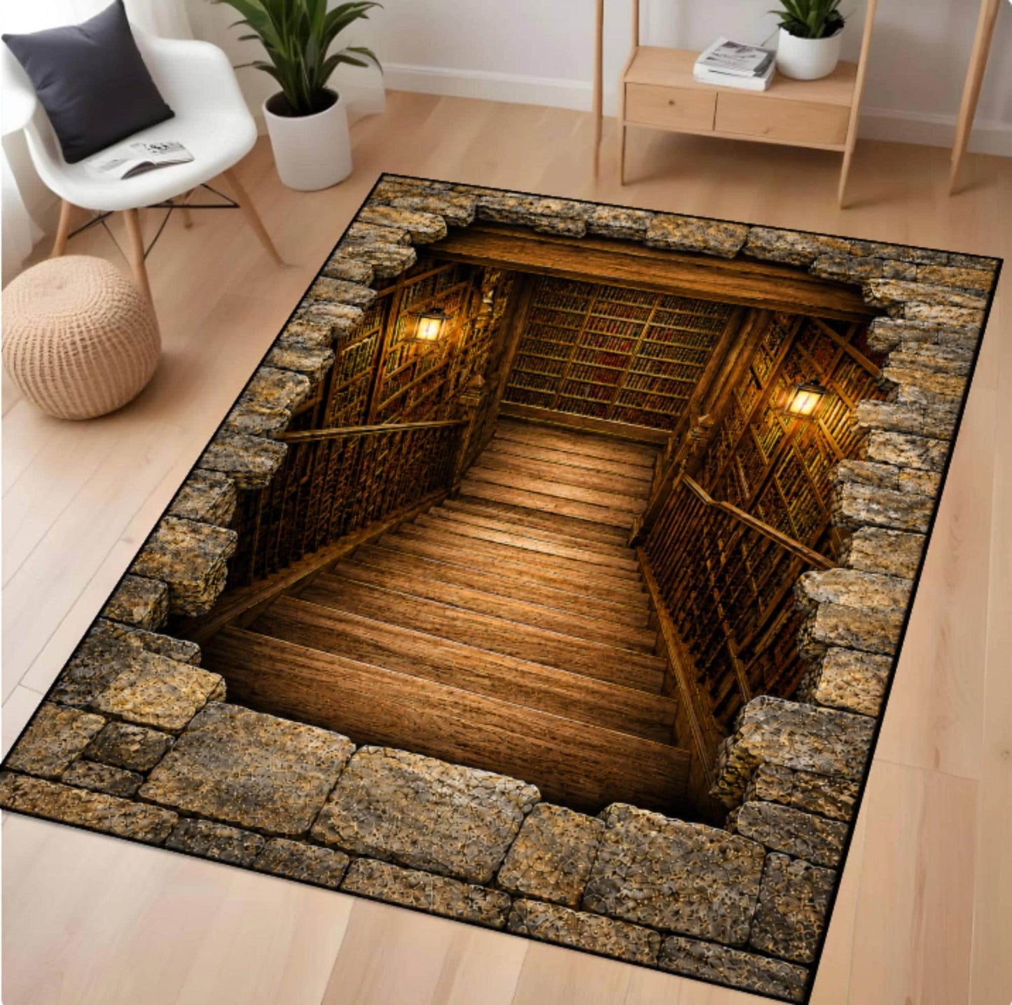 A rectangular area rug with a 3D-effect printed design of a wooden staircase breaking through a stone wall, shown on a light wood floor in a modern living room setting.