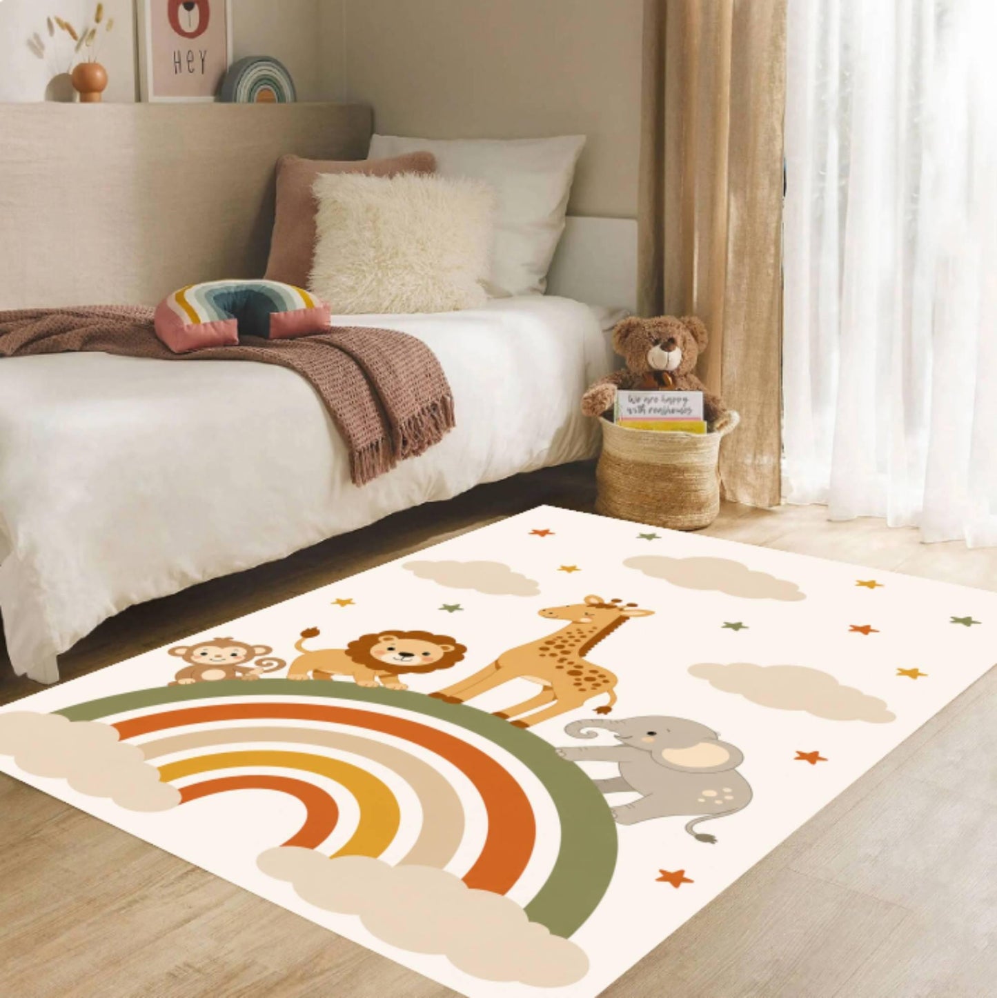 Safari Rainbow Animals Washable Nursery Rug