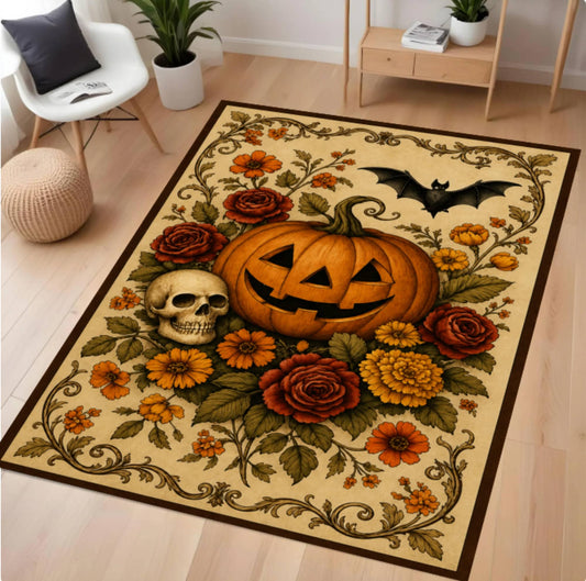A rectangular area rug with a Halloween design, featuring a large carved jack-o'-lantern, roses, flowers, a bat, and a skull on a beige background, styled in a modern living room setting.