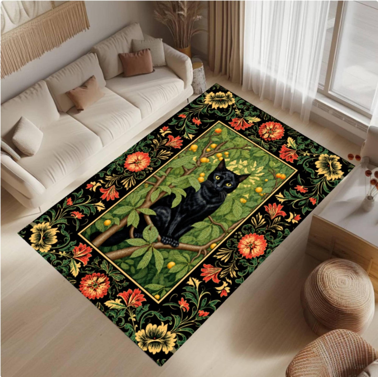 Gothic Black Cat Halloween Area Rug – Vintage Floral Dark Washable Non-Slip
