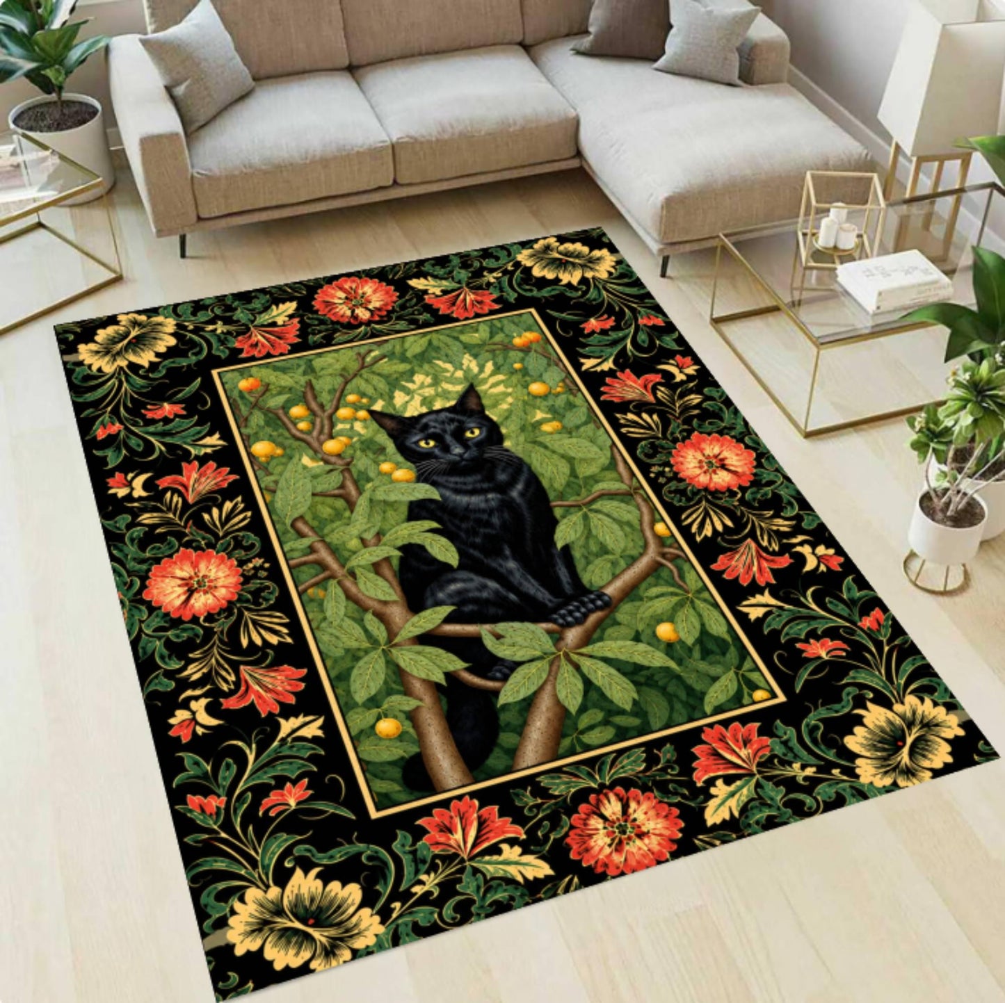 Gothic Black Cat Halloween Area Rug – Vintage Floral Dark Washable Non-Slip