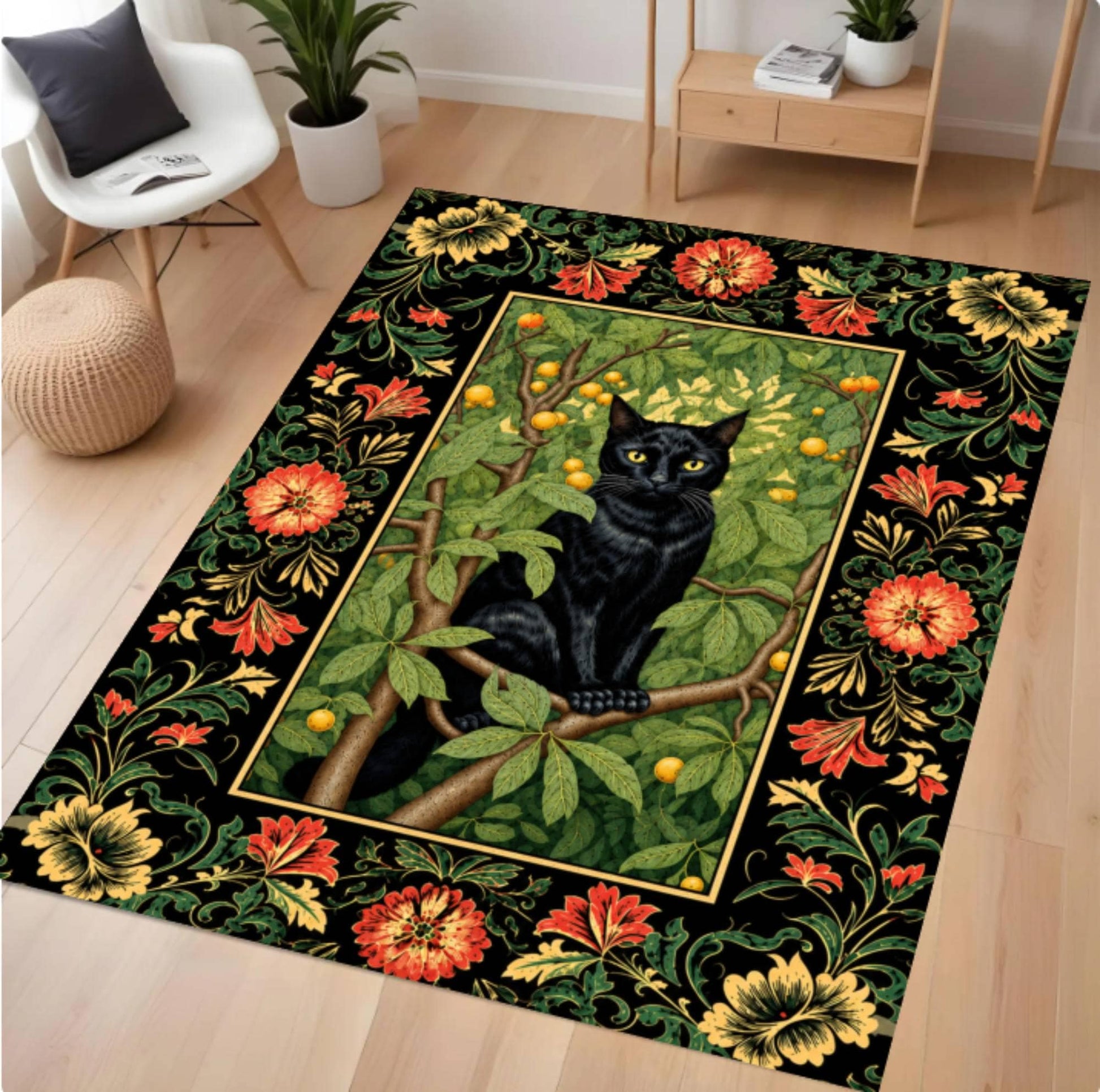 Gothic Black Cat Halloween Area Rug – Vintage Floral Dark Washable Non-Slip