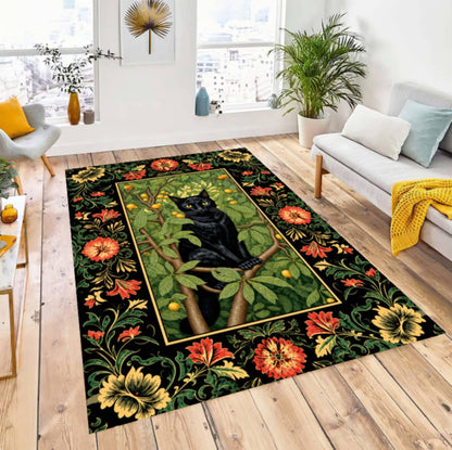 Gothic Black Cat Halloween Area Rug – Vintage Floral Dark Washable Non-Slip