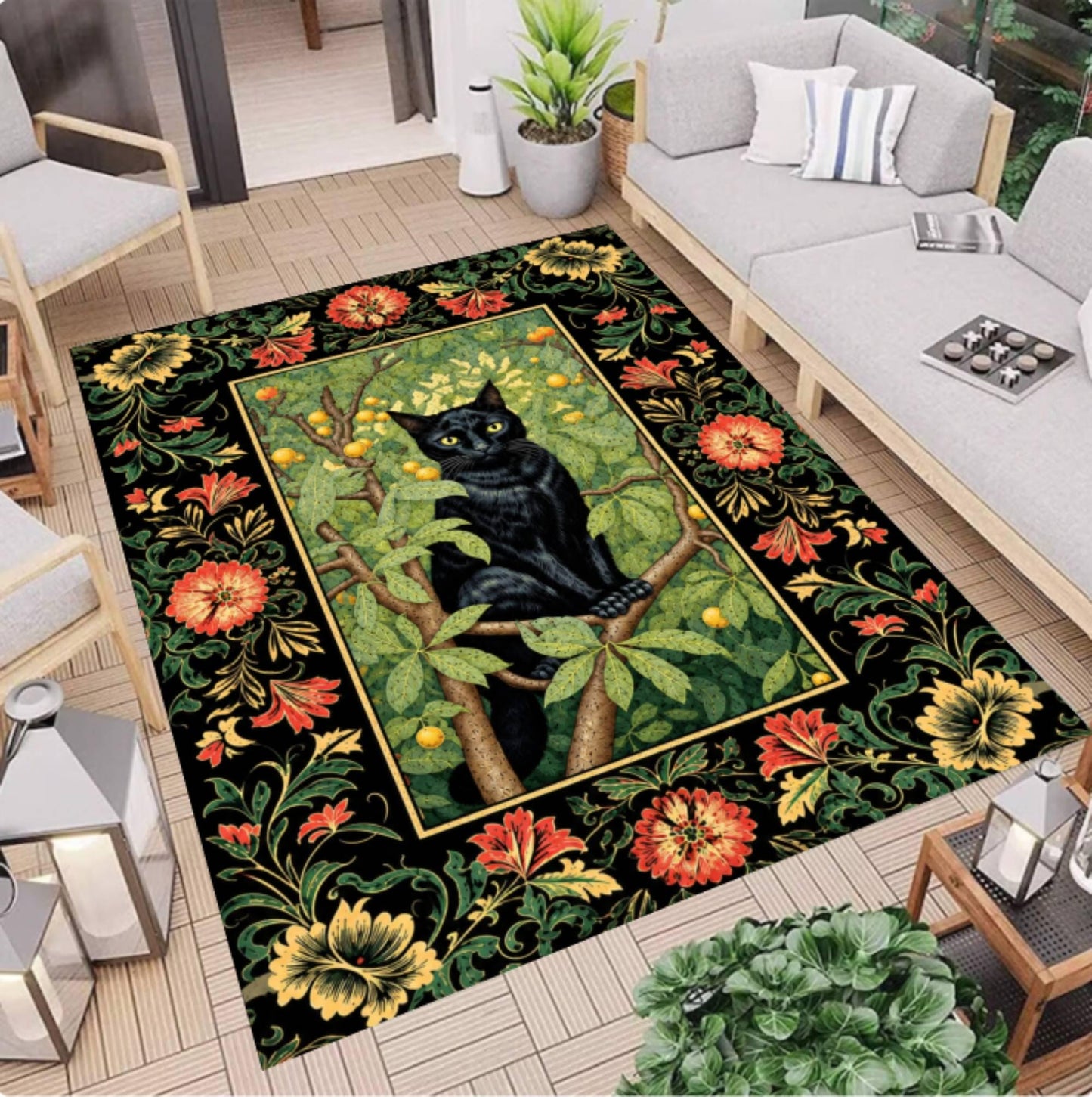 Gothic Black Cat Halloween Area Rug – Vintage Floral Dark Washable Non-Slip