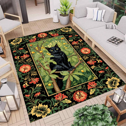 Gothic Black Cat Halloween Area Rug – Vintage Floral Dark Washable Non-Slip