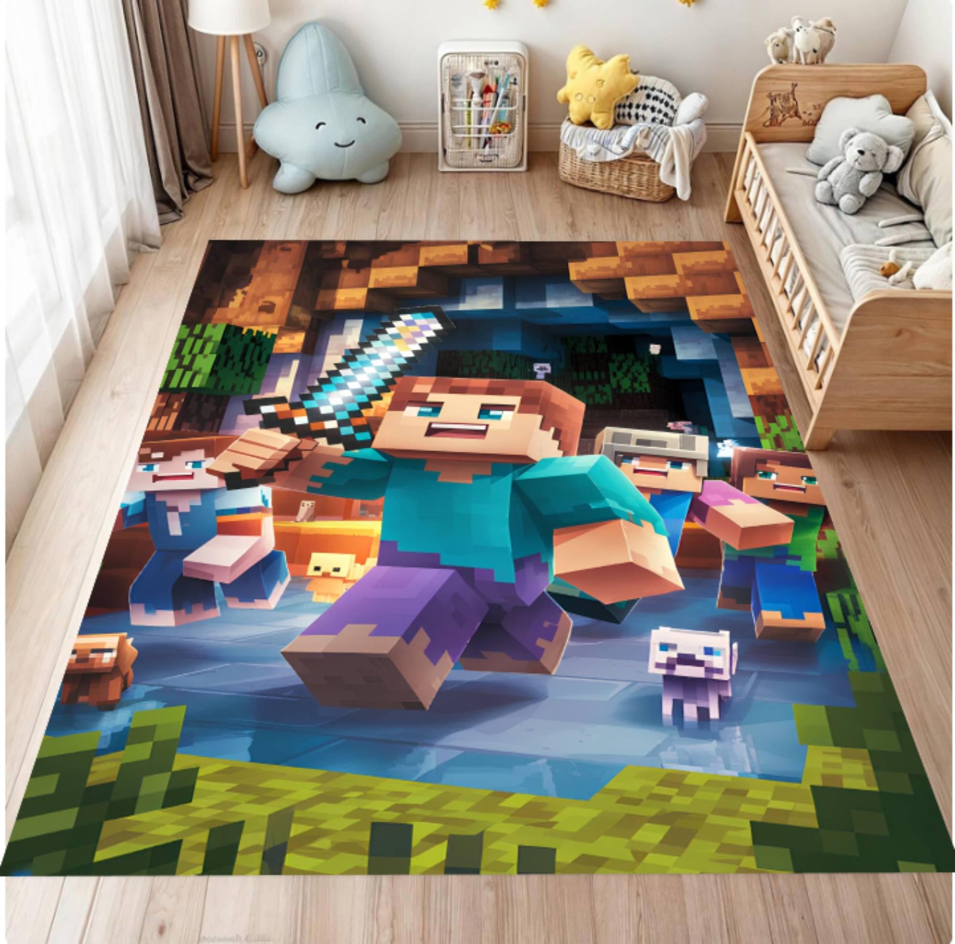 A large rectangular area rug featuring a colorful Minecraft-style character scene, shown on a light wood floor in a children's bedroom with a bed, lamp, and toys visible.