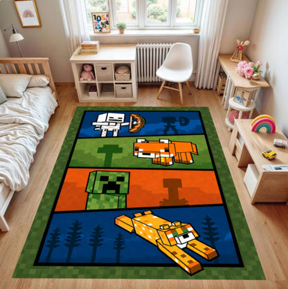 A rectangular area rug with a colorful Minecraft-themed pixel art design is shown on a light wood floor in a child's bedroom. The rug features a green border and four horizontal panels with blocky illustrations of a skeleton, a fox, a creeper, and a cat in blue, green, orange, and dark blue tones.