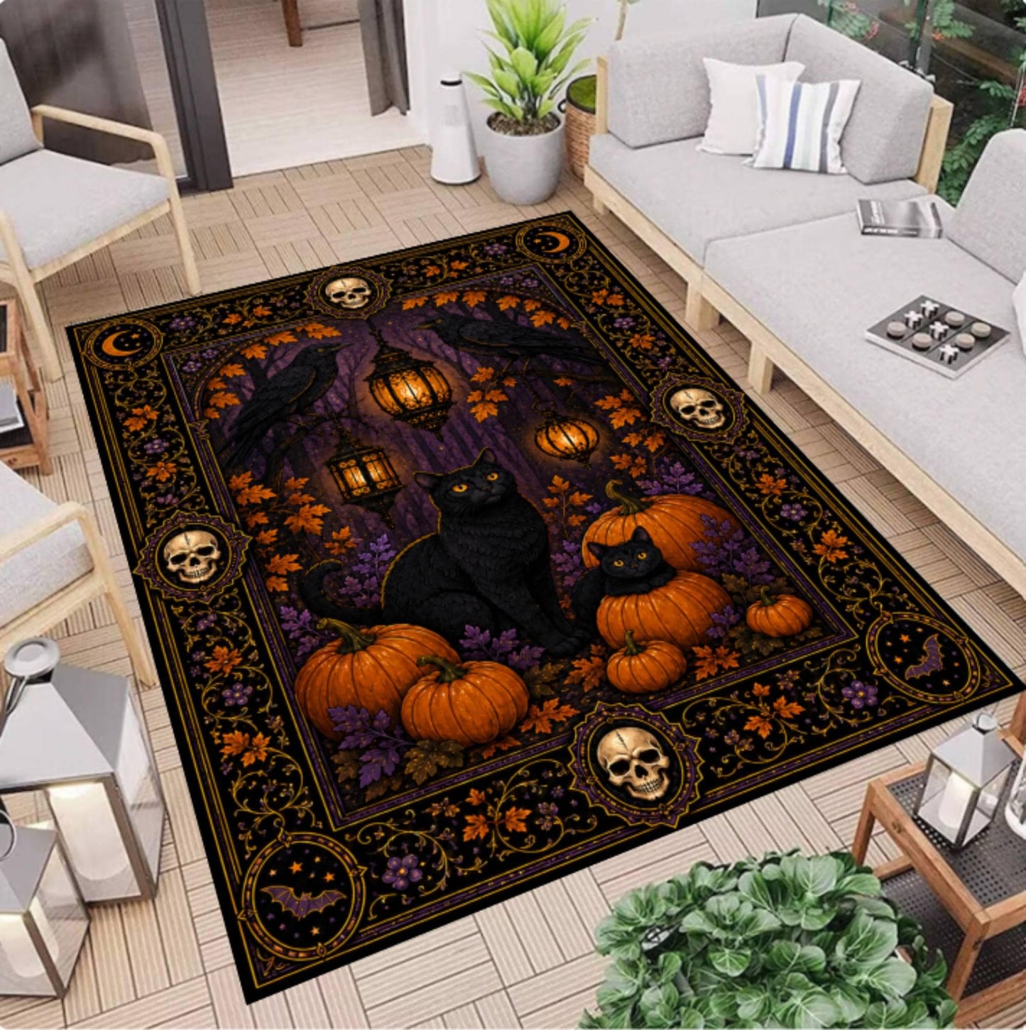 Halloween Rug with Black Cat and Pompoenen Gothic Spooky Home